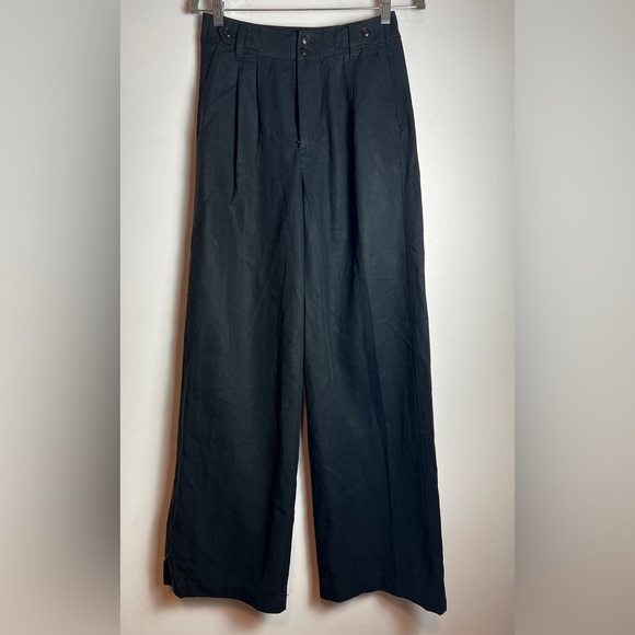 Madewell Harlow Wide Leg Trouser Pants Drapey Twill Black Pleated Cotton Linen 4 - Picture 1 of 12